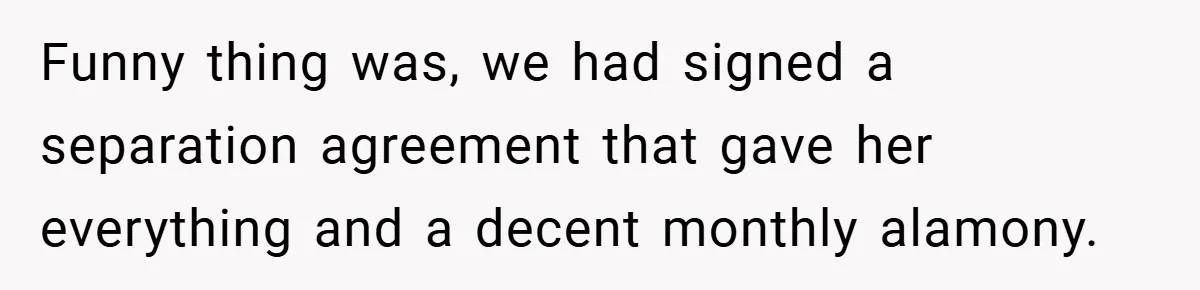 Funny thing was, we had signed a separation agreement that gave her everything and a decent monthly alamony.