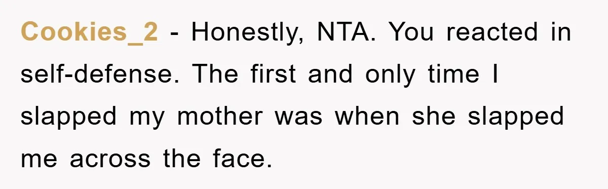 Cookies_2 − Honestly, NTA. You reacted in self-defense. The first and only time I slapped my mother was when she slapped me across the face.