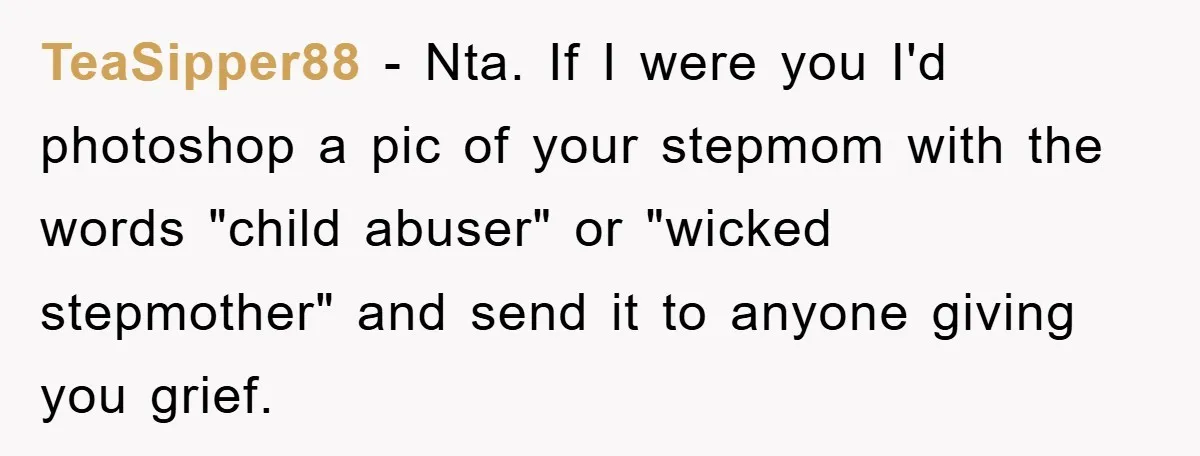 TeaSipper88 − Nta. If I were you I'd photoshop a pic of your stepmom with the words "child abuser" or "wicked stepmother" and send it to anyone giving you grief.