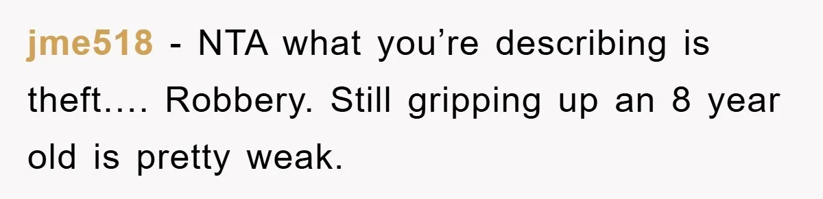 jme518 − NTA what you’re describing is theft…. Robbery. Still gripping up an 8 year old is pretty weak.