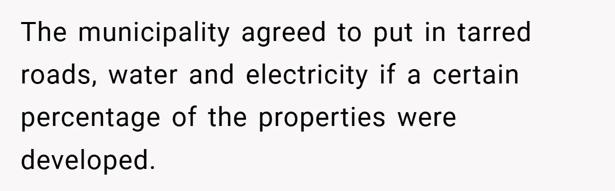 The municipality agreed to put in tarred roads, water and electricity if a certain percentage of the properties were developed.