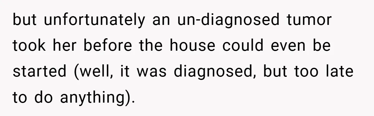 but unfortunately an un-diagnosed tumor took her before the house could even be started (well, it was diagnosed, but too late to do anything).