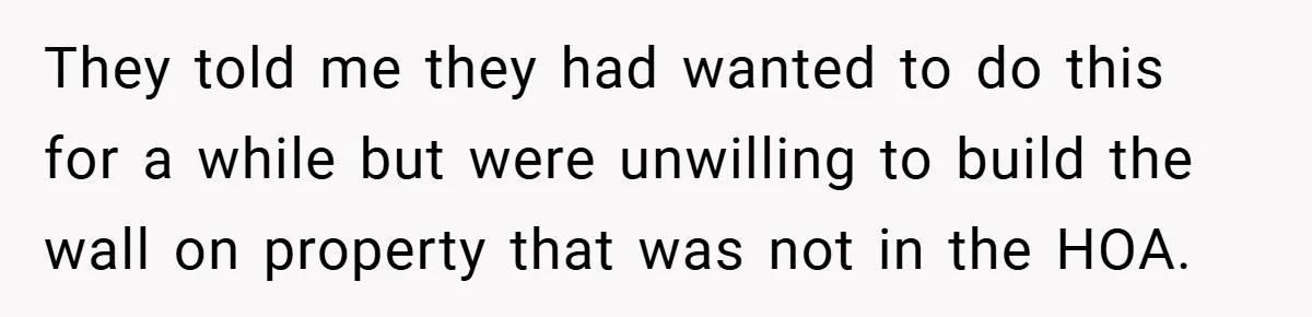 They told me they had wanted to do this for a while but were unwilling to build the wall on property that was not in the HOA.