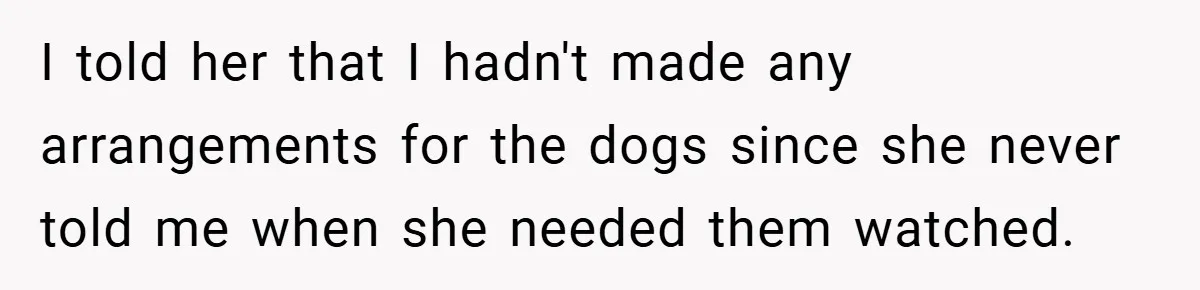 I told her that I hadn't made any arrangements for the dogs since she never told me when she needed them watched.