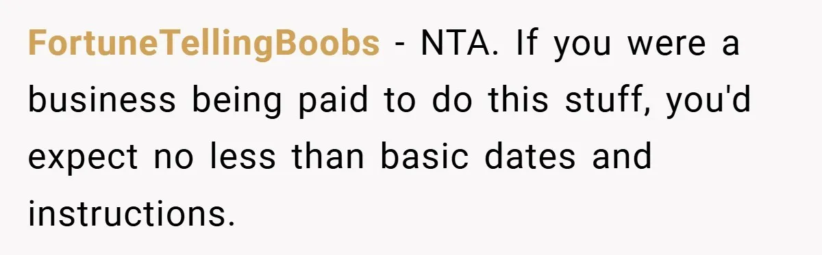 FortuneTellingBoobs − NTA. If you were a business being paid to do this stuff, you'd expect no less than basic dates and instructions.