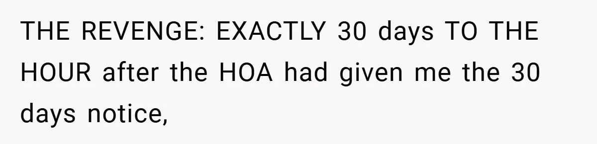 THE REVENGE: EXACTLY 30 days TO THE HOUR after the HOA had given me the 30 days notice,