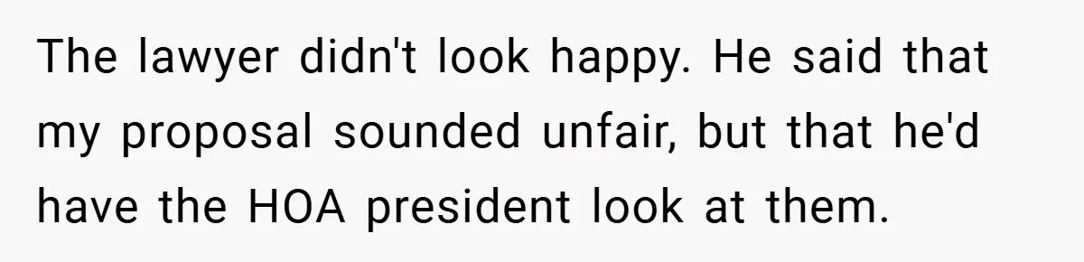 The lawyer didn't look happy. He said that my proposal sounded unfair, but that he'd have the HOA president look at them.