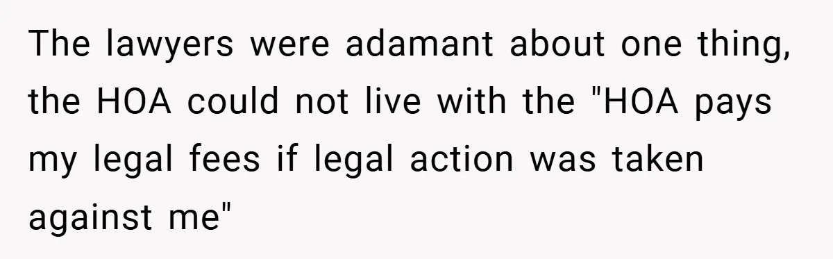 The lawyers were adamant about one thing, the HOA could not live with the "HOA pays my legal fees if legal action was taken against me"