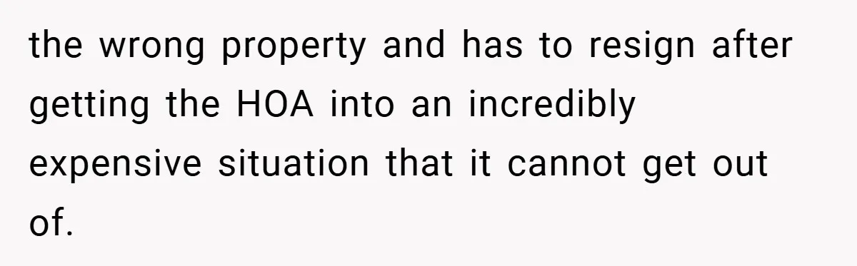 the wrong property and has to resign after getting the HOA into an incredibly expensive situation that it cannot get out of.