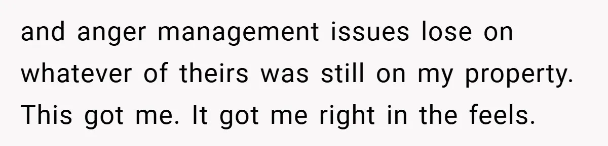 and anger management issues lose on whatever of theirs was still on my property. This got me. It got me right in the feels.
