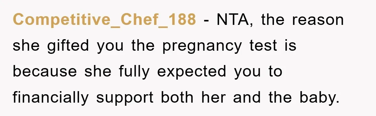 Competitive_Chef_188 − NTA, the reason she gifted you the pregnancy test is because she fully expected you to financially support both her and the baby.