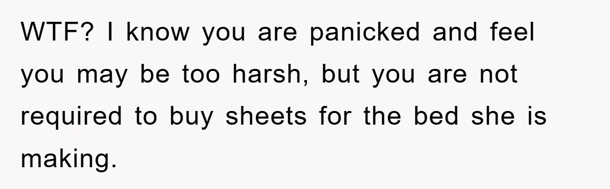 WTF? I know you are panicked and feel you may be too harsh, but you are not required to buy sheets for the bed she is making.