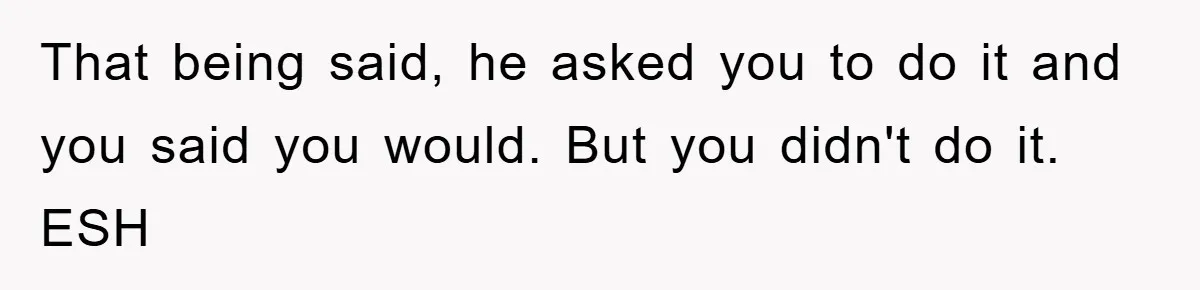 Man's Career Chance At Risk Due To Stressed-Out Girlfriend Purposely Skips Promised Laundry That being said, he asked you to do it and you said you would. But you didn't do it. ESH