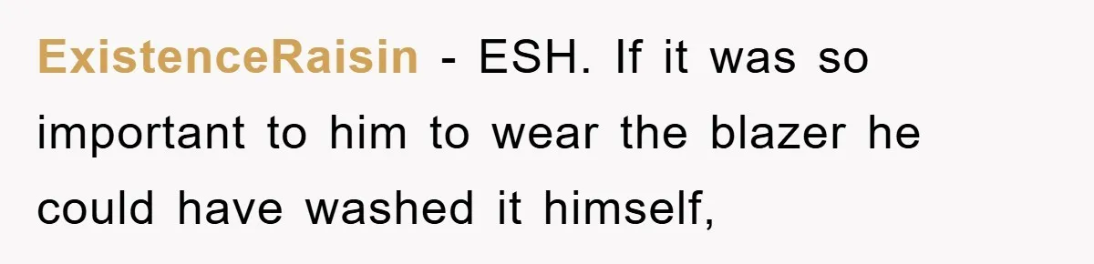 Man's Career Chance At Risk Due To Stressed-Out Girlfriend Purposely Skips Promised Laundry ExistenceRaisin − ESH. If it was so important to him to wear the blazer he could have washed it himself,