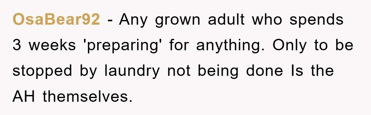 Man's Career Chance At Risk Due To Stressed-Out Girlfriend Purposely Skips Promised Laundry OsaBear92 − Any grown adult who spends 3 weeks 'preparing' for anything. Only to be stopped by laundry not being done Is the AH themselves.
