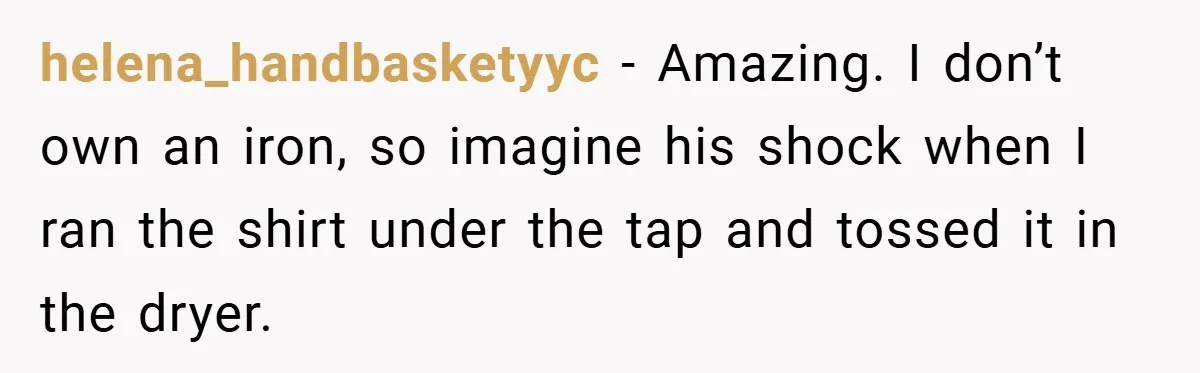 helena_handbasketyyc − Amazing. I don’t own an iron, so imagine his shock when I ran the shirt under the tap and tossed it in the dryer.