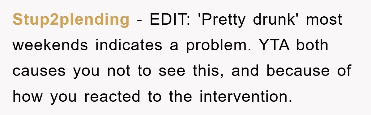 Stup2plending − EDIT: 'Pretty drunk' most weekends indicates a problem. YTA both causes you not to see this, and because of how you reacted to the intervention.