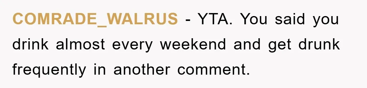 COMRADE_WALRUS − YTA. You said you drink almost every weekend and get drunk frequently in another comment.