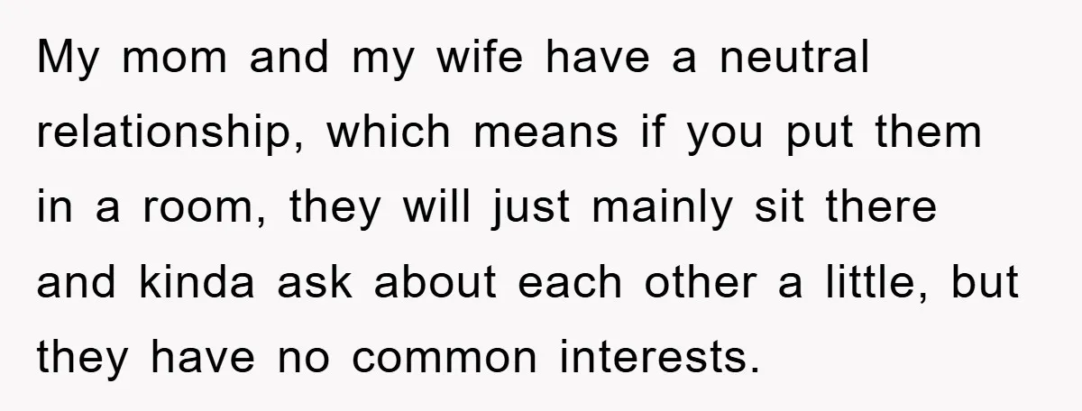 My mom and my wife have a neutral relationship, which means if you put them in a room, they will just mainly sit there and kinda ask about each other...