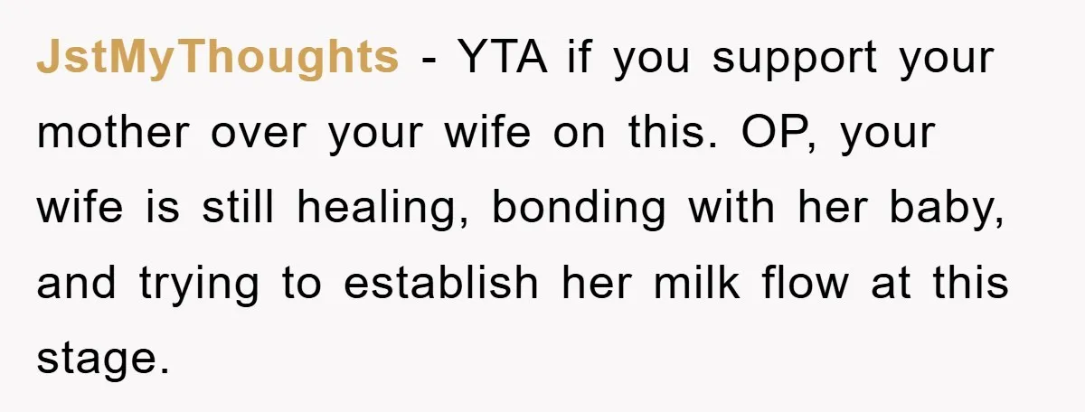 JstMyThoughts − YTA if you support your mother over your wife on this. OP, your wife is still healing, bonding with her baby, and trying to establish her milk flow...