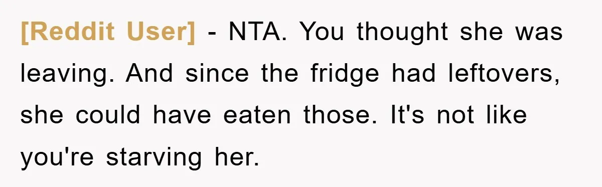 [Reddit User] − NTA. You thought she was leaving. And since the fridge had leftovers, she could have eaten those. It's not like you're starving her.