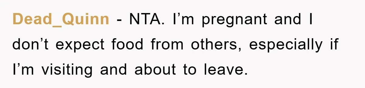 Dead_Quinn − NTA. I’m pregnant and I don’t expect food from others, especially if I’m visiting and about to leave.
