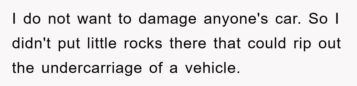 I do not want to damage anyone's car. So I didn't put little rocks there that could rip out the undercarriage of a vehicle.