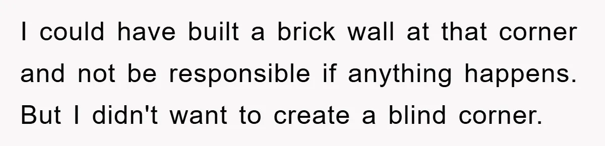 I could have built a brick wall at that corner and not be responsible if anything happens. But I didn't want to create a blind corner.