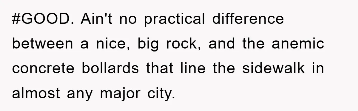#GOOD. Ain't no practical difference between a nice, big rock, and the anemic concrete bollards that line the sidewalk in almost any major city.
