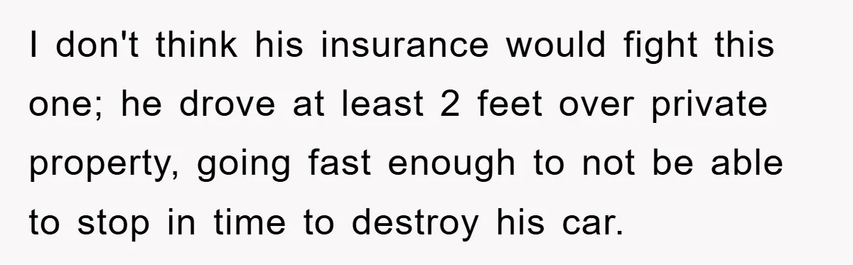 I don't think his insurance would fight this one; he drove at least 2 feet over private property, going fast enough to not be able to stop in time to...