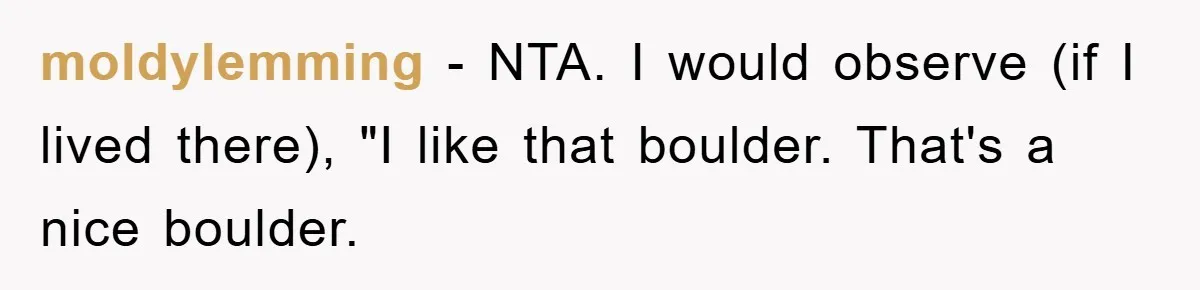 moldylemming − NTA. I would observe (if I lived there), "I like that boulder. That's a nice boulder.