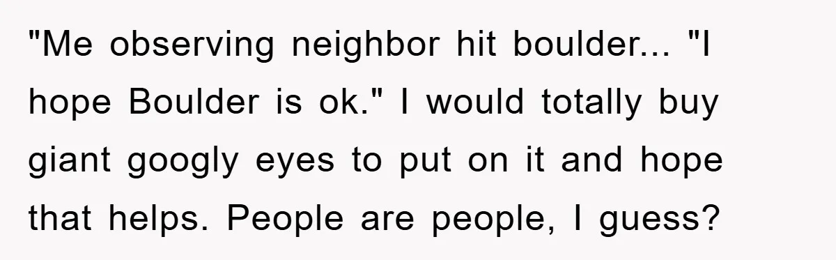 "Me observing neighbor hit boulder... "I hope Boulder is ok." I would totally buy giant googly eyes to put on it and hope that helps. People are people, I guess?