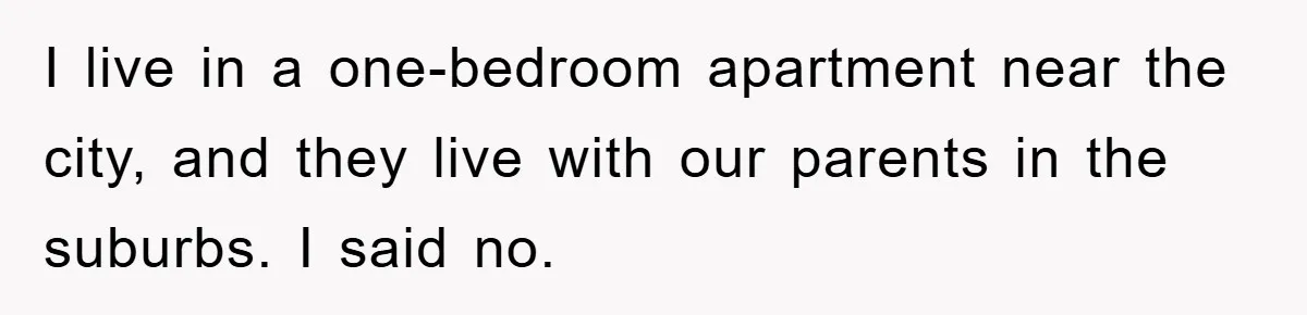 I live in a one-bedroom apartment near the city, and they live with our parents in the suburbs. I said no.