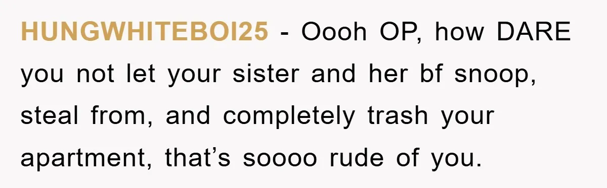 HUNGWHITEBOI25 − Oooh OP, how DARE you not let your sister and her bf snoop, steal from, and completely trash your apartment, that’s soooo rude of you.