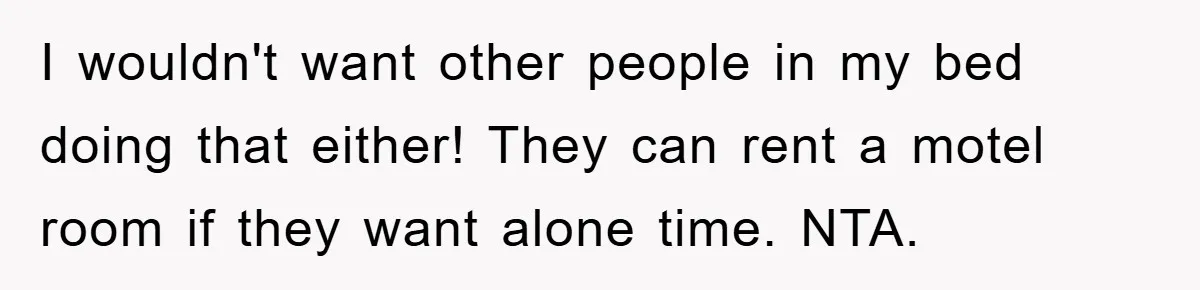I wouldn't want other people in my bed doing that either! They can rent a motel room if they want alone time. NTA.