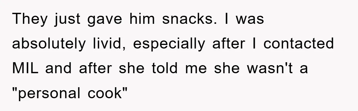 They just gave him snacks. I was absolutely livid, especially after I contacted MIL and after she told me she wasn't a "personal cook"