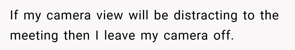 Boss Insists Everyone’s Camera Must Stay On, So This Mom Turns Hers On While Pumping If my camera view will be distracting to the meeting then I leave my camera off.