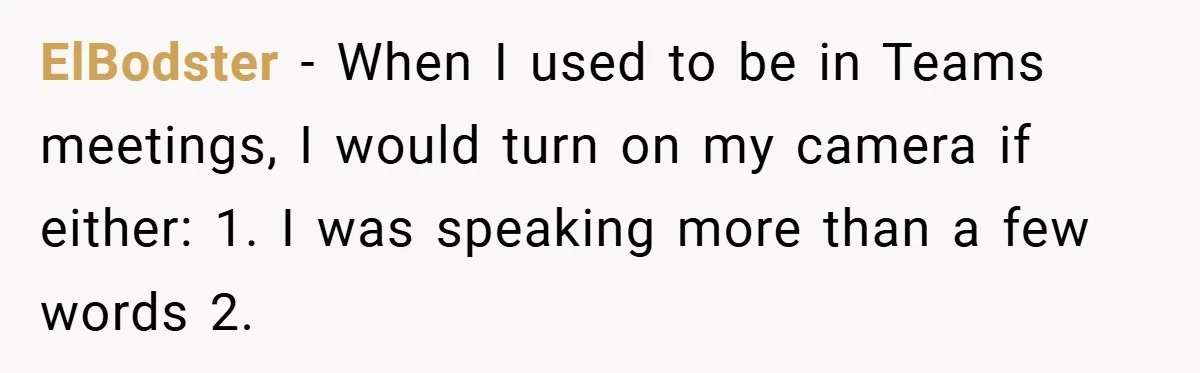 Boss Insists Everyone’s Camera Must Stay On, So This Mom Turns Hers On While Pumping ElBodster − When I used to be in Teams meetings, I would turn on my camera if either: 1. I was speaking more than a few words 2.