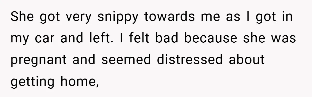 She got very snippy towards me as I got in my car and left. I felt bad because she was pregnant and seemed distressed about getting home,