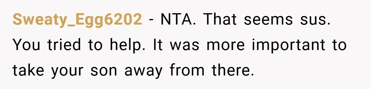 Sweaty_Egg6202 − NTA. That seems sus. You tried to help. It was more important to take your son away from there.