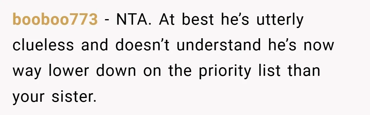 booboo773 − NTA. At best he’s utterly clueless and doesn’t understand he’s now way lower down on the priority list than your sister.