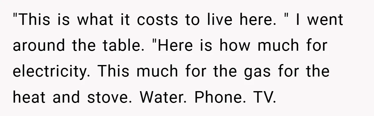 "This is what it costs to live here. " I went around the table. "Here is how much for electricity. This much for the gas for the heat and stove....