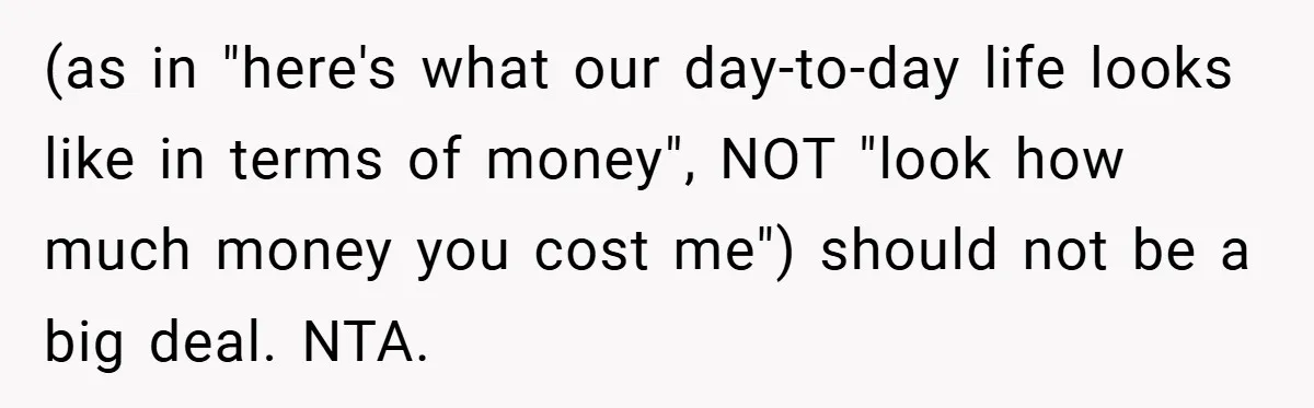 (as in "here's what our day-to-day life looks like in terms of money", NOT "look how much money you cost me") should not be a big deal. NTA.