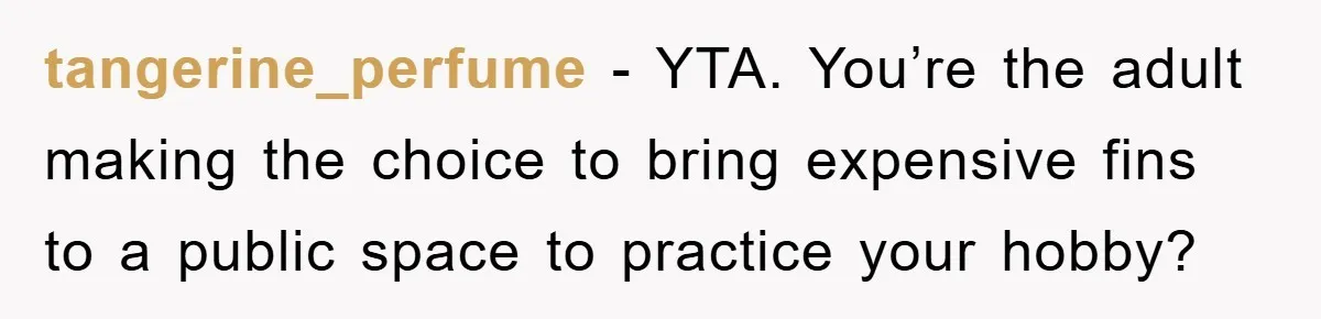 tangerine_perfume − YTA. You’re the adult making the choice to bring expensive fins to a public space to practice your hobby?