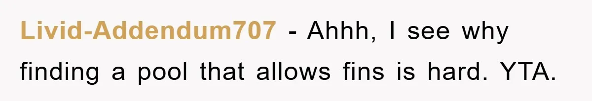 Livid-Addendum707 − Ahhh, I see why finding a pool that allows fins is hard. YTA.