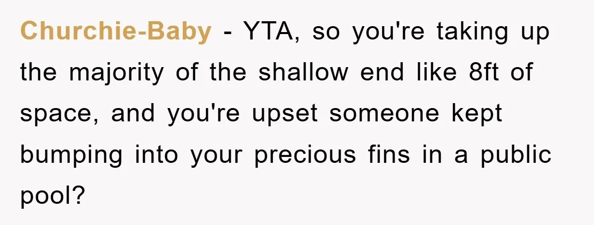 Churchie-Baby − YTA, so you're taking up the majority of the shallow end like 8ft of space, and you're upset someone kept bumping into your precious fins in a public...