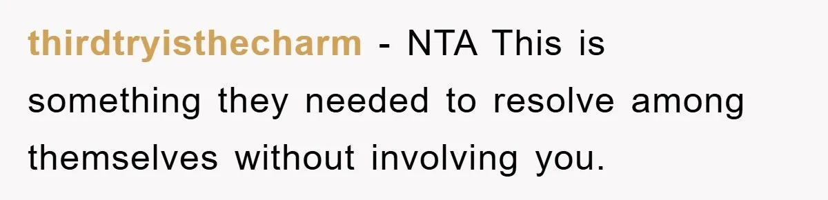 thirdtryisthecharm − NTA This is something they needed to resolve among themselves without involving you.