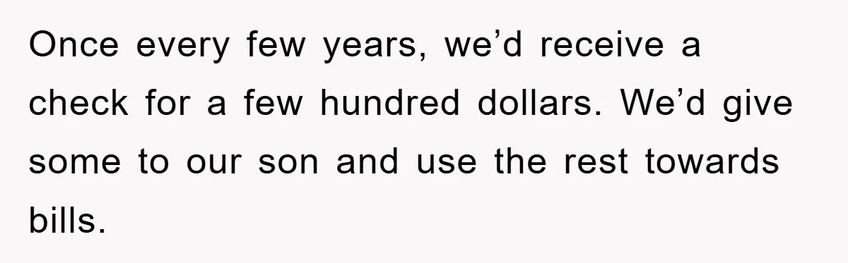 Once every few years, we’d receive a check for a few hundred dollars. We’d give some to our son and use the rest towards bills.
