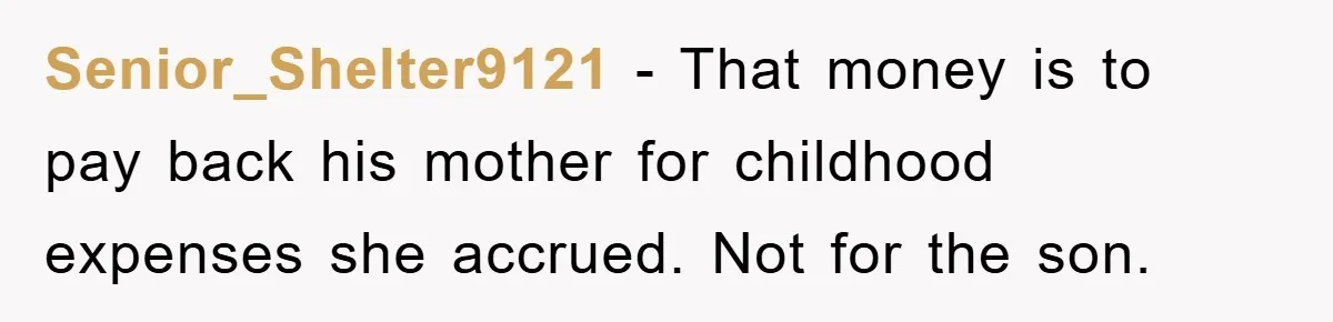 Senior_Shelter9121 − That money is to pay back his mother for childhood expenses she accrued. Not for the son.