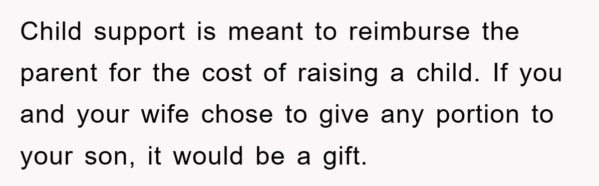 Child support is meant to reimburse the parent for the cost of raising a child. If you and your wife chose to give any portion to your son, it would...
